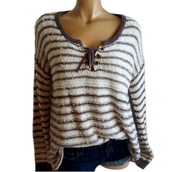 NUAGE tan and brown striped lace up sweater size M - Picture 1 of 9